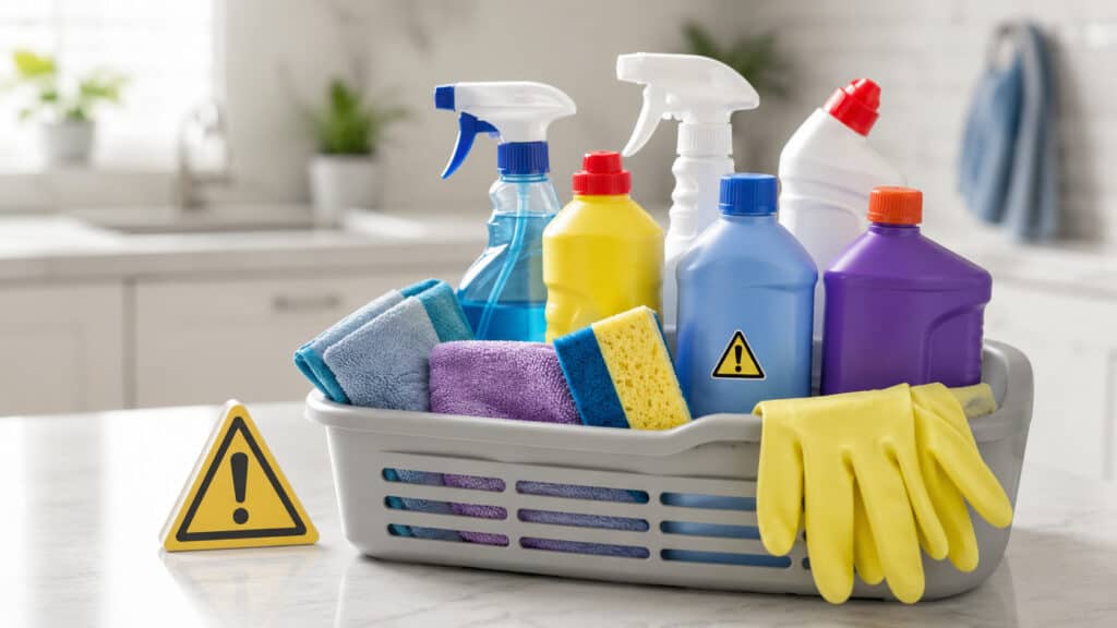 Organized cleaning supplies in a modern kitchen